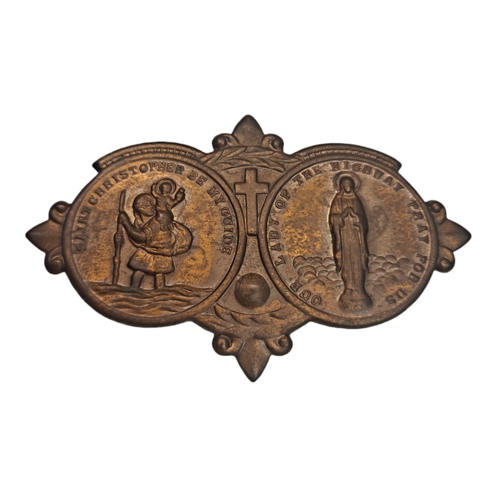 1940's Antique Brass Saint Christopher & Our Lady Car Clip Medal